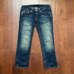 True Religion Y2K Style “Kate” Cropped Low Rise Distressed Blue Jeans, Size 27